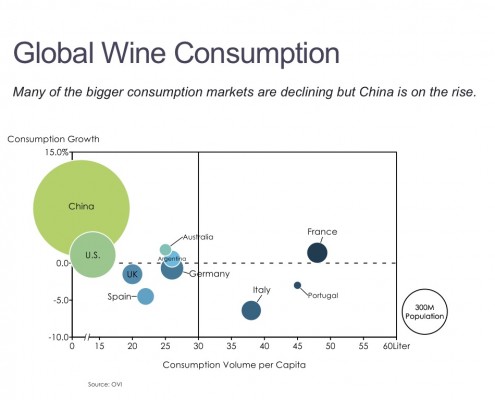 Bubble Chart of Wine Consumption Growth and Volume per Capita by Country