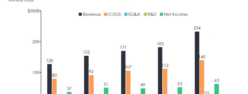 Cluster bar chart of Revenue, COGS, SG&A, R&D, Net Income for 5 Years