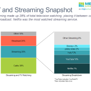 100% stacked bar chart of US television viewing divided among cable, broadcast and streaming and a breakdown of streaming by services.